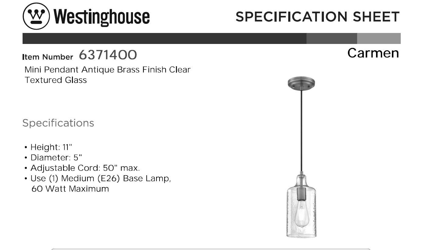 Westinghouse 6371400, Antique Brass Finish with Clear Textured Glass Carmen One-Light Indoor Mini Pendant, 120 Volts - Image 6