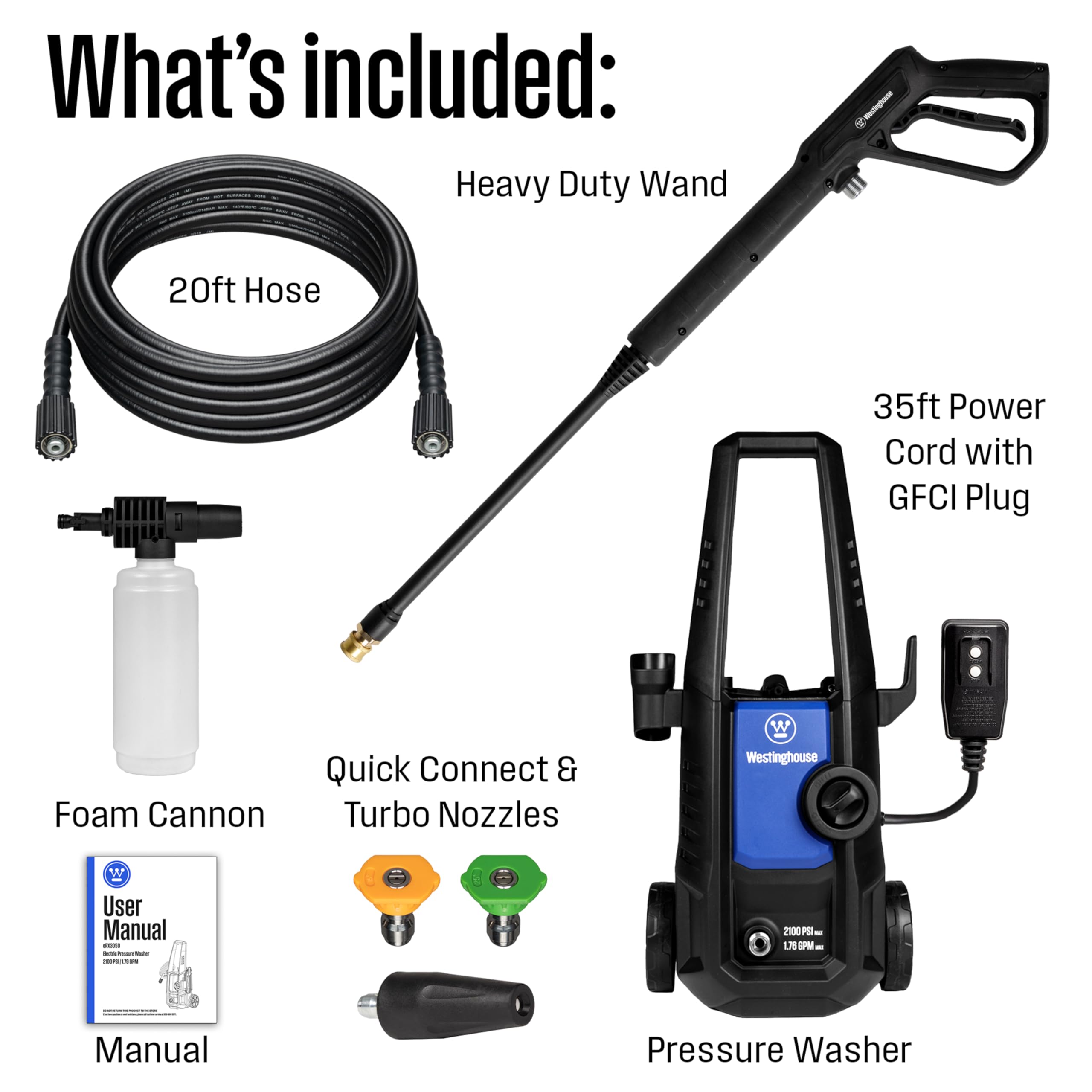 Westinghouse ePX3050 Electric Pressure Washer, 2100 Max PSI 1.76 Max GPM with Foam Cannon and Turbo Nozzle, for Cars/Fences/Driveways/Home/Patios - Image 6
