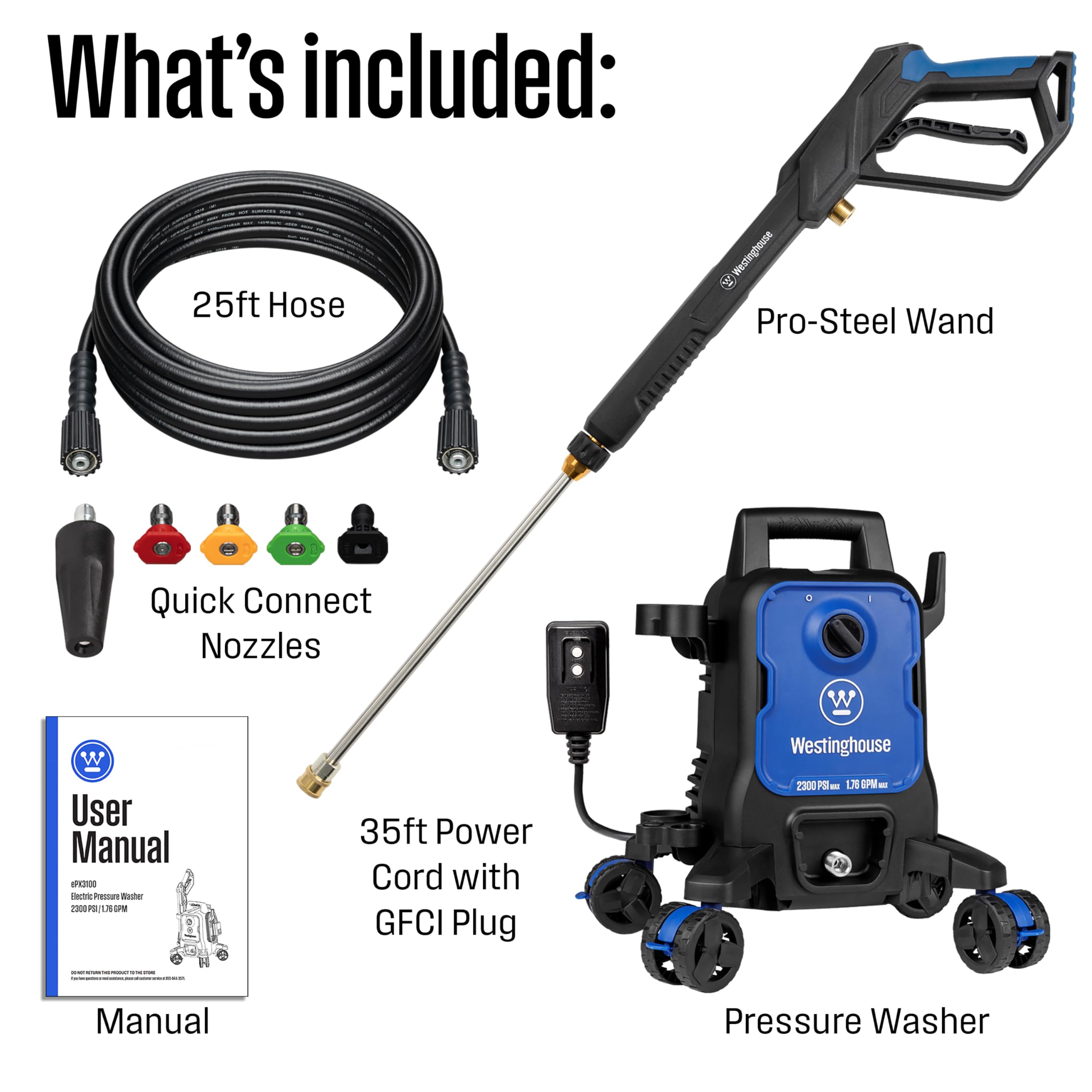Westinghouse ePX3100 Electric Pressure Washer, 2300 Max PSI 1.76 Max GPM with Anti-Tipping Technology, Onboard Soap Tank, Pro-Style Steel Wand, 5-Nozzle Set, for Cars/Fences/Driveways/Home/Patios - Image 6