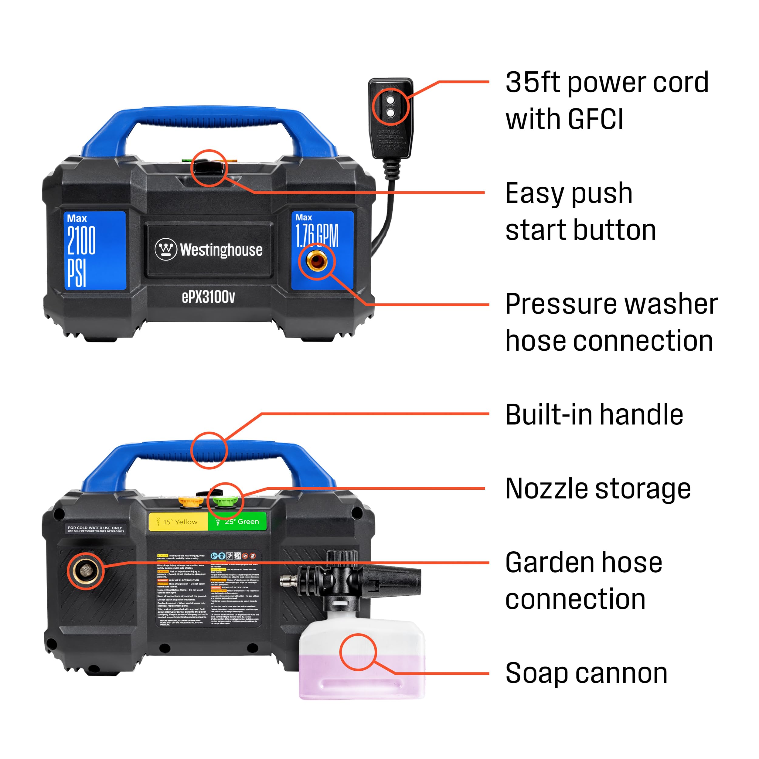 Westinghouse ePX3100v Electric Pressure Washer, 2100 Max PSI 1.76 Max GPM, Built-in Carry Handle, Detachable Foam Cannon, Pro-Style Steel Wand, 3-Nozzle Set, for Cars/Fences/Driveways/Home/Patios - Image 4