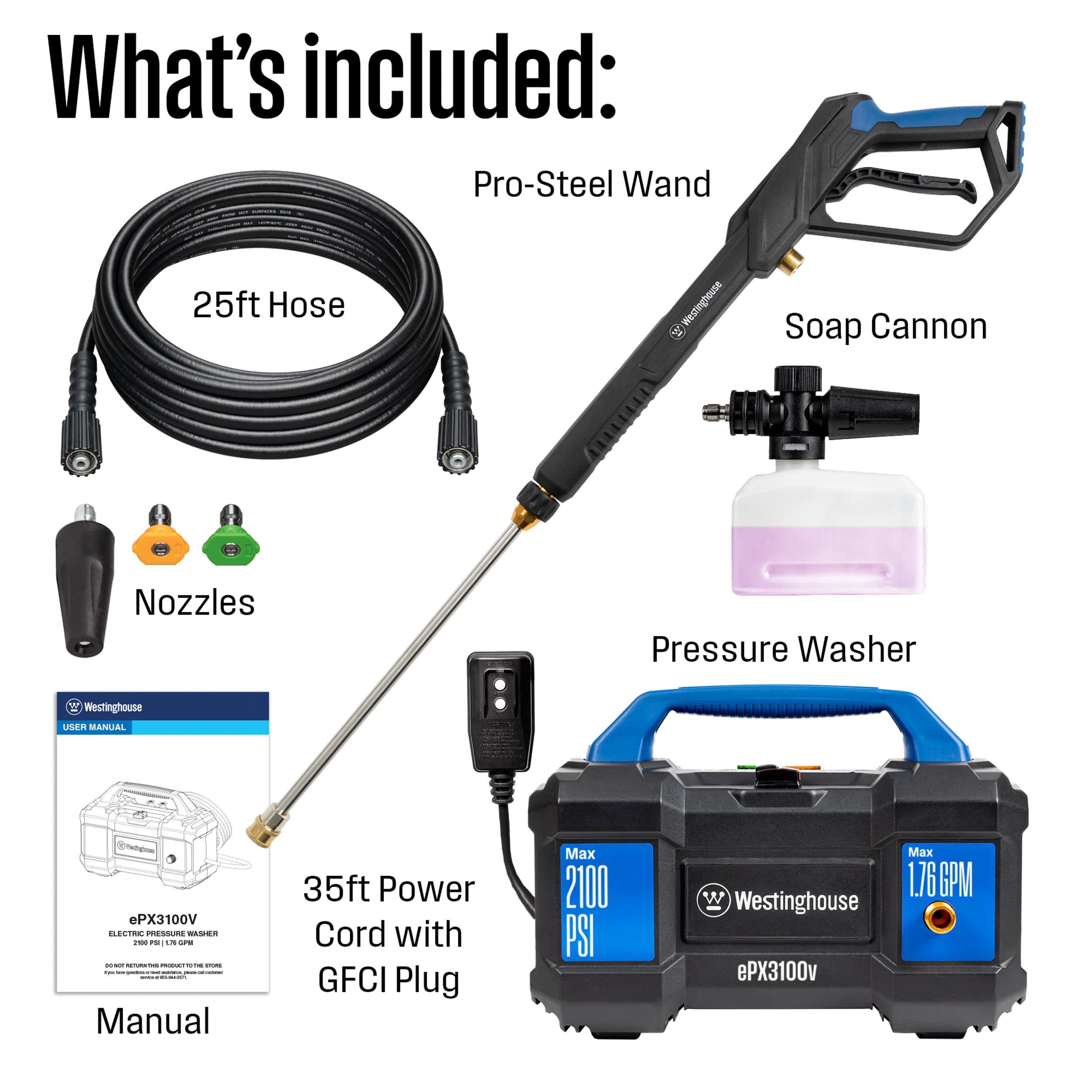 Westinghouse ePX3100v Electric Pressure Washer, 2100 Max PSI 1.76 Max GPM, Built-in Carry Handle, Detachable Foam Cannon, Pro-Style Steel Wand, 3-Nozzle Set, for Cars/Fences/Driveways/Home/Patios - Image 6