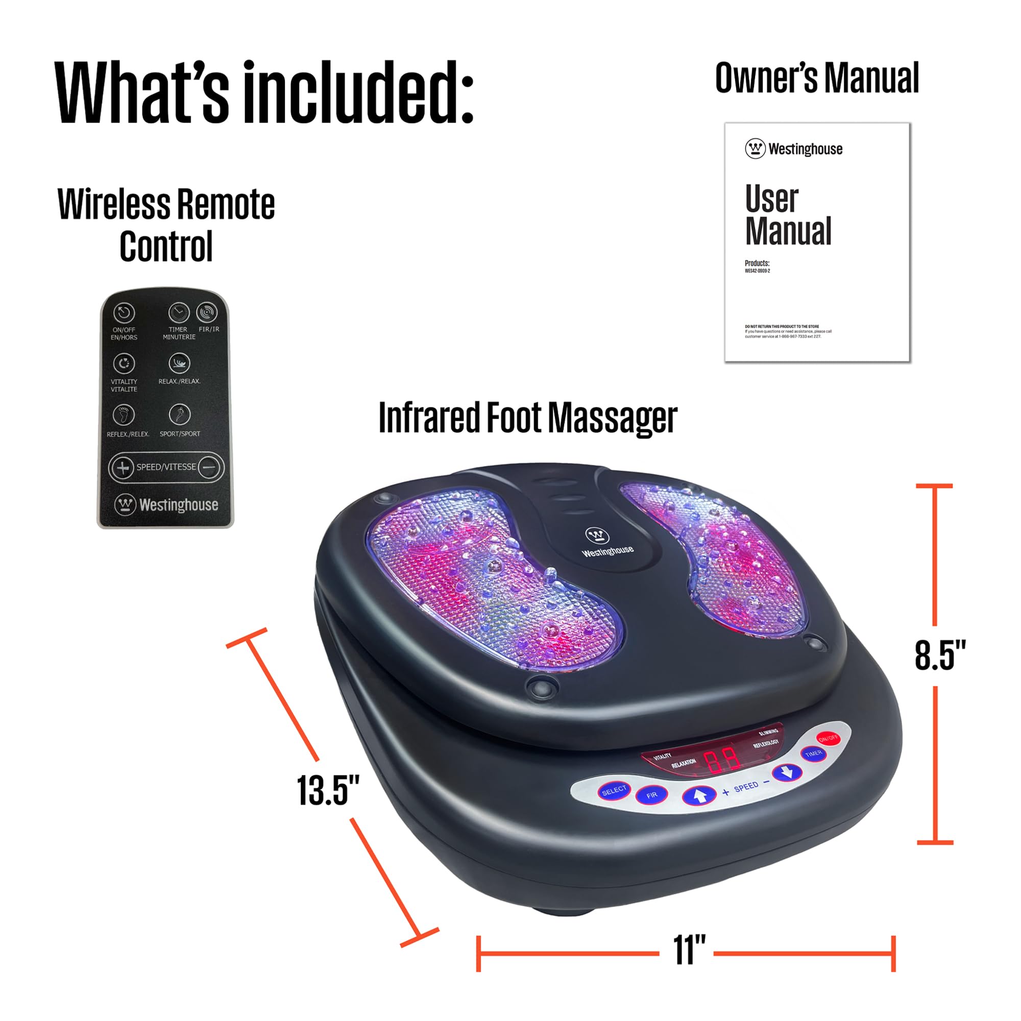 Westinghouse Ergonomic Heated Foot Massager for Circulation & Pain Relief with Reflexology Pressure Points, 4 Massage Modes, 8 Heat Settings, 15 Speed Adjustment Levels, & Wireless Remote Control - Image 7
