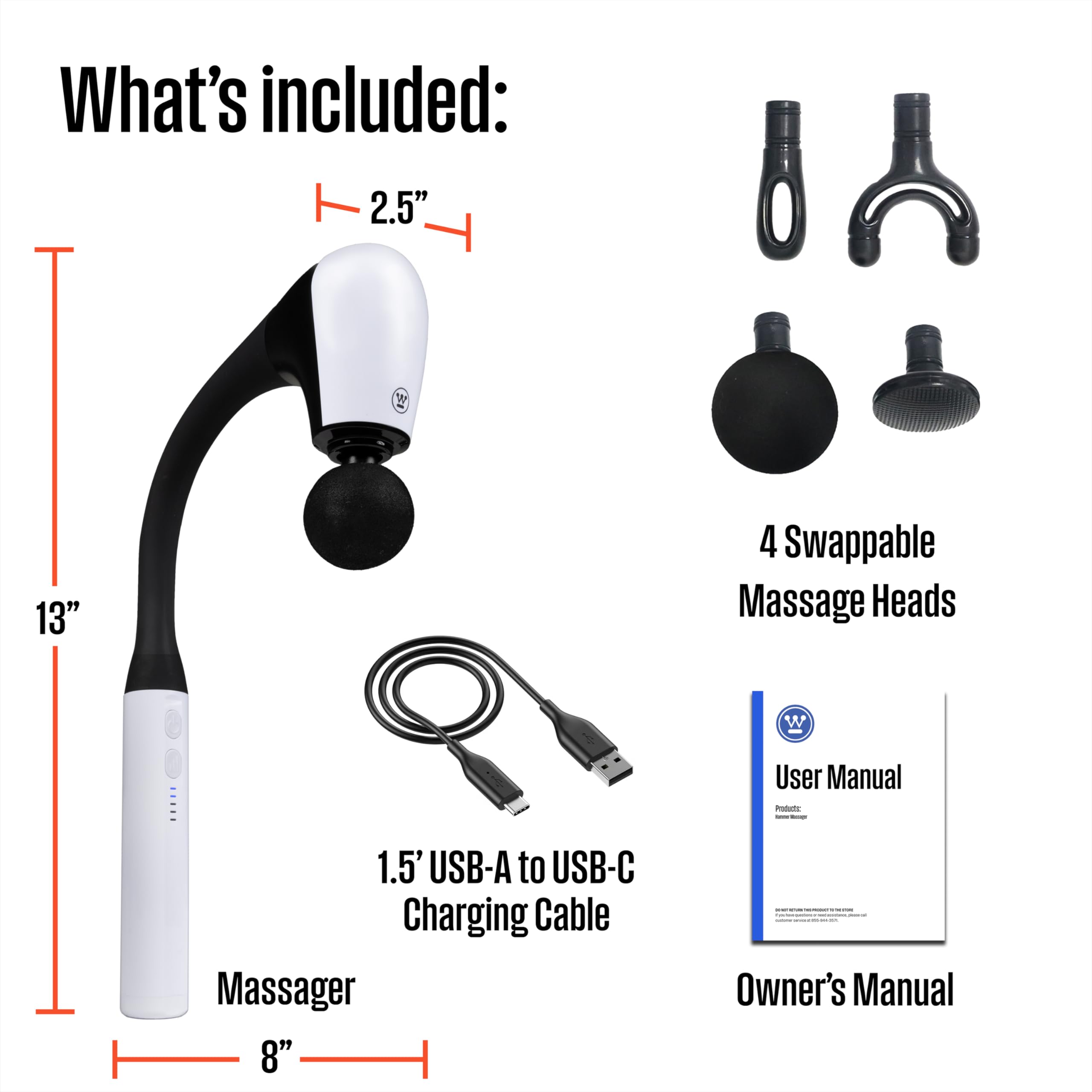 Westinghouse Long Handle Curved Massage Gun for Neck & Shoulder Pain, Rechargeable, Up to 5 Hours of Battery, 4 Head Attachments, 5 Percussion Massage Speed Levels, Deep Tissue Self Massager - Image 7