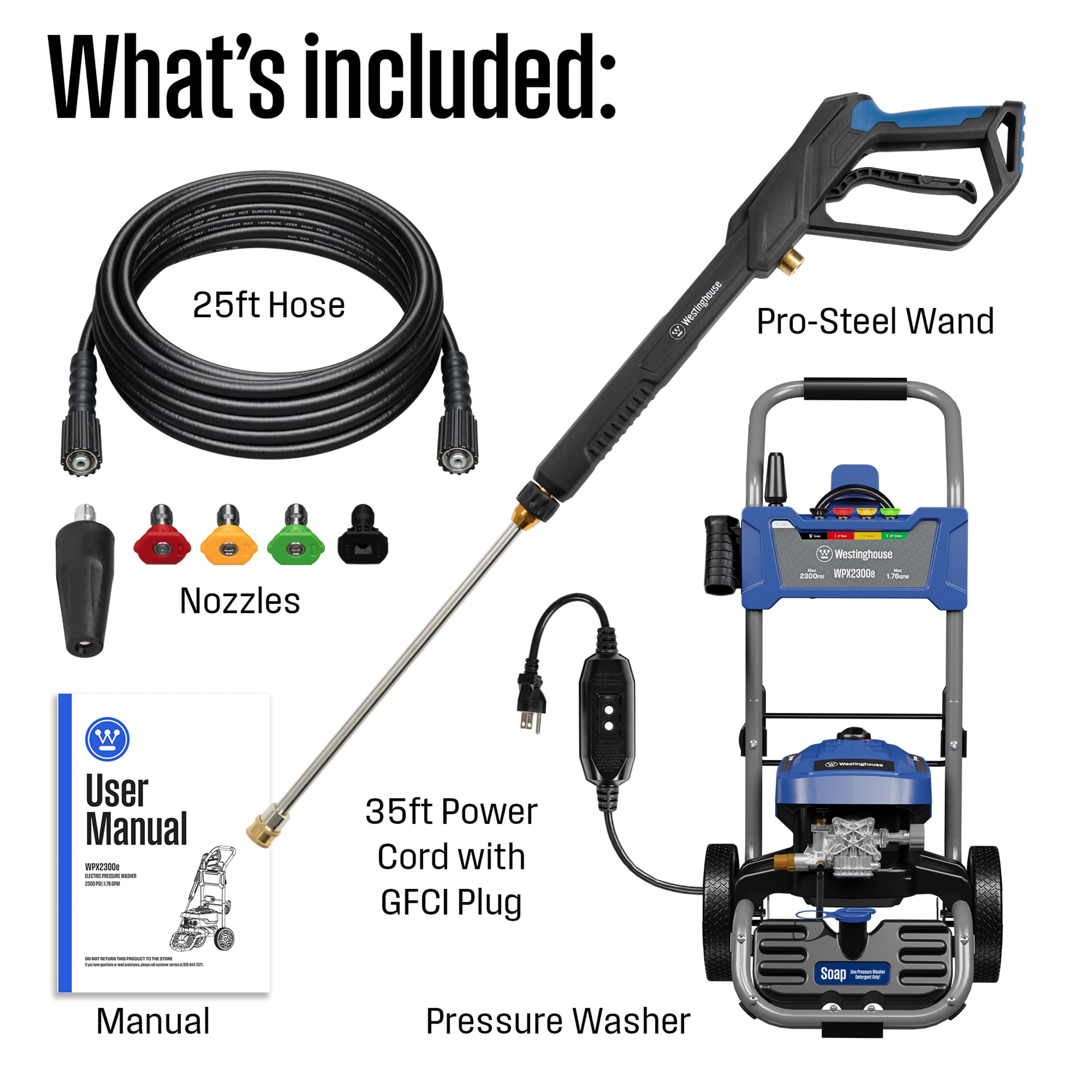 Westinghouse WPX2300e Electric Pressure Washer, 2300 Max PSI and 1.76 Max GPM, Induction Motor, Onboard Soap Tank, Spray Gun and Wand, 5 Nozzle Set, for Cars/Fences/Driveways/Homes/Patios/Furniture - Image 6